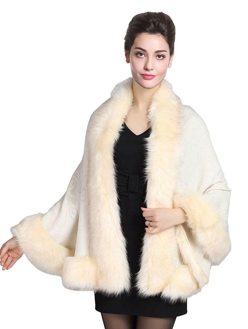 BEAUTELICATE Faux Fur Shawl Wrap Stole Shrug Bridal Winter Wedding with Hook - Image 1